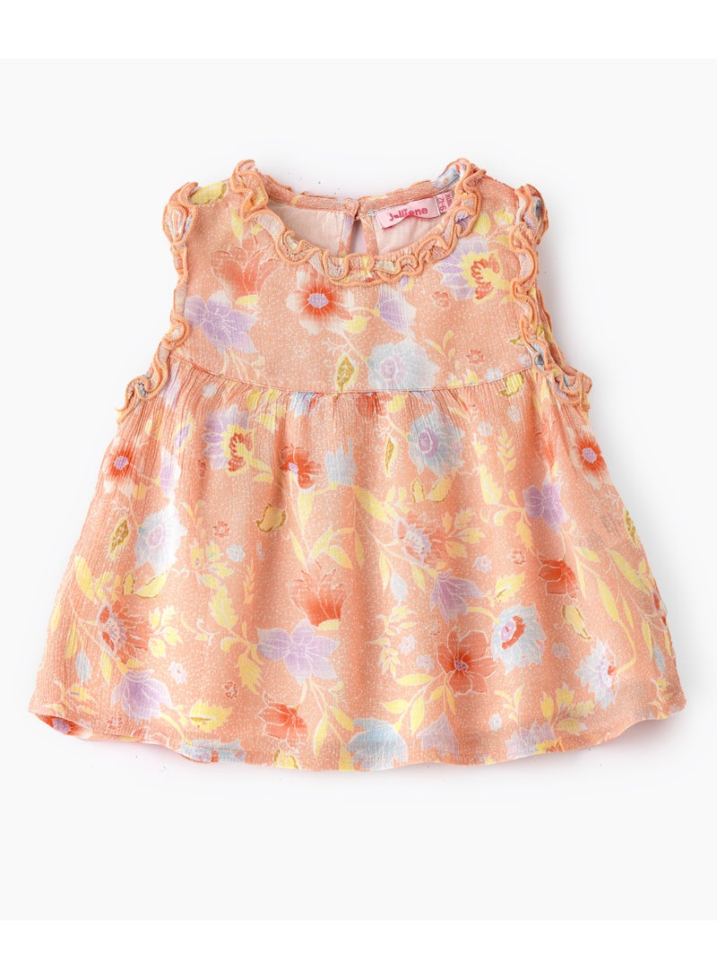 Jelliene Girls Orange Floral Sleeveless Viscose Top - Image 1